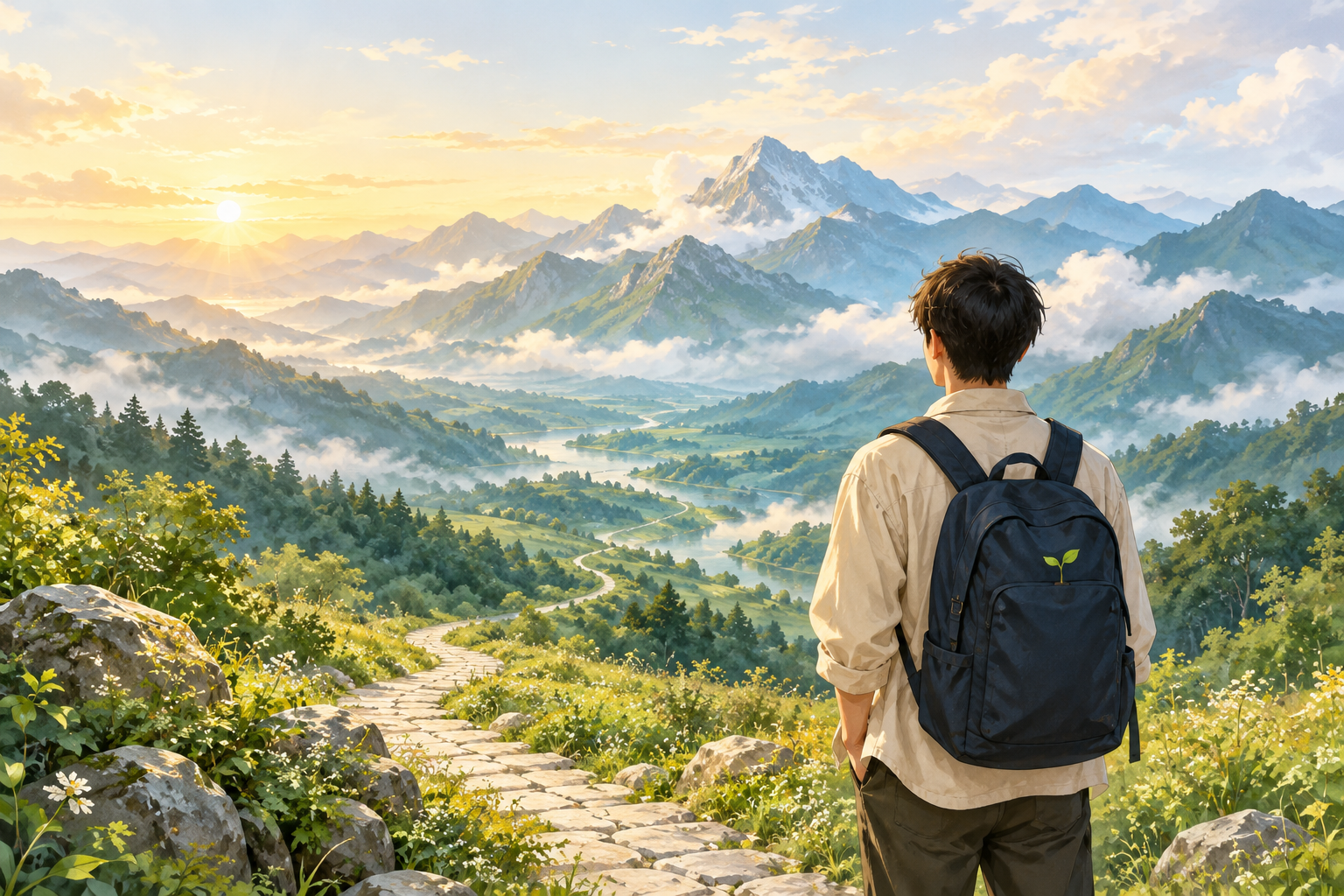 背着书包的年轻人望向青绿群山,一条蜿蜒山路通向远方
